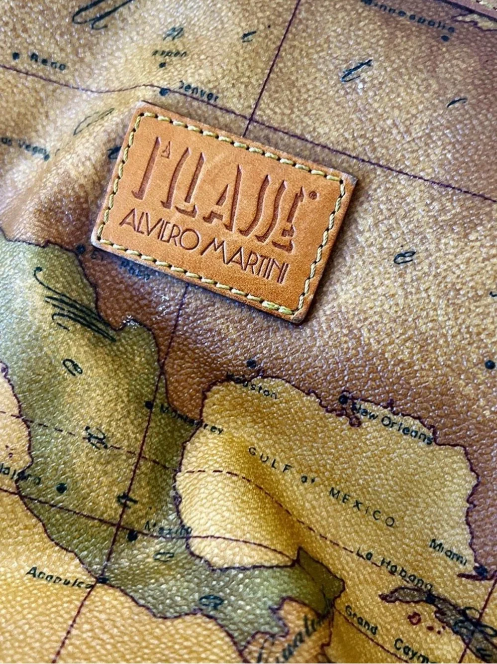 Vintage Alviero Martini Brown Map-Print Leather Crossbody